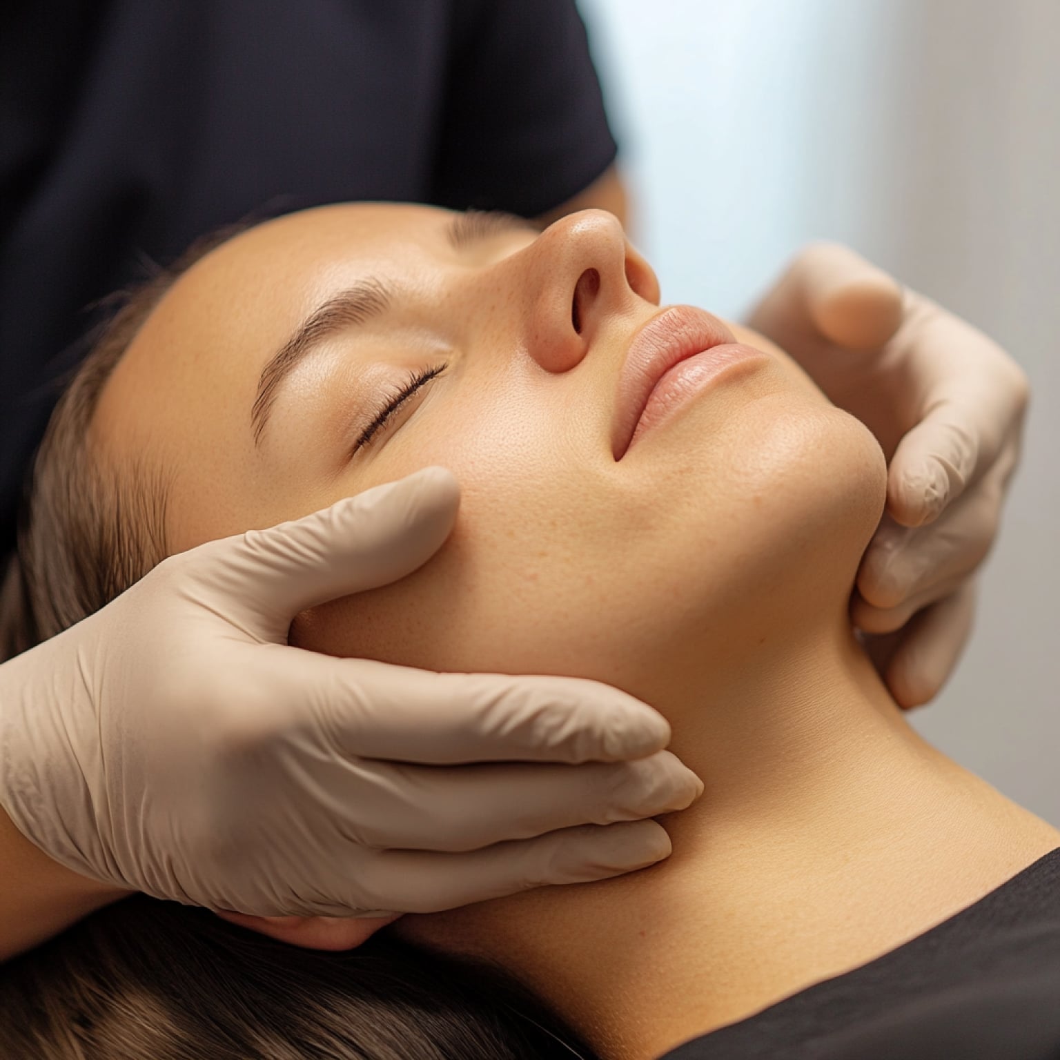 A person receives a facial massage, eyes closed, with gloved hands gently cradling their face, conveying relaxation and tranquility in a serene setting.